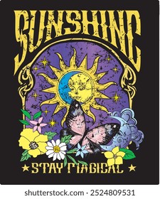 "Sunshine Stay Magical" Projeto vetorial para Tee: um design vetorial caprichoso com a frase "Sunshine Stay Magical". Perfeito para camisetas