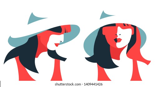 Sunshine summer day. Young women wearing big white hats. Close-up portraits, front view and side view. Vector illustration