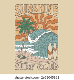 sunshine surf club slogan print design. colorful typography text print. summer retro color vintage rainbow graphics. girls women's graphics tee. t-shirt design for summer