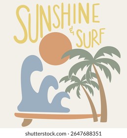 Sunshine and surf vibes. Beach modern abstract art. Enjoy surf life. Sunshine  text with palm tree graphic print design. Enjoy beach life. Summer vibes artwork. Surf club design.