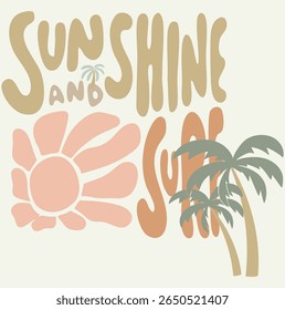 Sunshine and surf vibes. Beach modern abstract art. Enjoy surf life. Sunshine  text with palm tree graphic print design. Enjoy beach life. Summer vibes artwork. Surf club design.