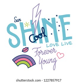 Sunshine typography design for kids. Cute t-shirt design with slogan.Rainbow,stars,lip,heart drawing.Vector illustration design for fashion fabrics, textile graphics, prints.