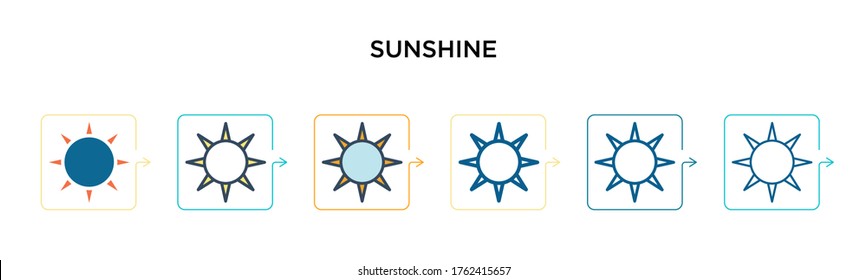 Sunshine vector icon in 6 different modern styles. Black, two colored sunshine icons designed in filled, outline, line and stroke style. Vector illustration can be used for web, mobile, ui