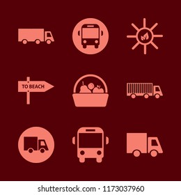 sunshine vector icons set. with sun leaves, beach direction, truck and basket apple apricot pear in set