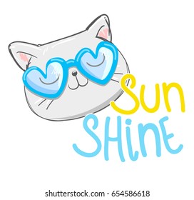 Sunshine vector illustration, cute cat sketch vector illustration, print design cat, children print on t-shirt. hand drawn cat with glasses