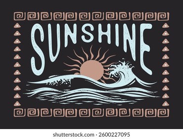 Sunshine Vintage retro modern Creative typographic t-shirt design, Summer tropical beach artwork, sweatshirt, retro California surf typography, t-shirt graphics.Vintage text print,summer beach vibe,
