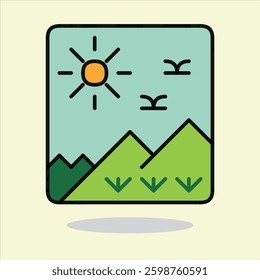 Sunshine Vista Icon: A charming icon captures a serene landscape, featuring a radiant sun, soaring birds, and majestic mountains, a visual embrace of nature's beauty.