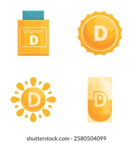 Sunshine vitamin icons set cartoon vector. Shining sun and food supplement. Healthcare concept