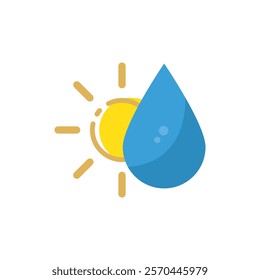 Sunshine and water droplet combine forming weather symbol.