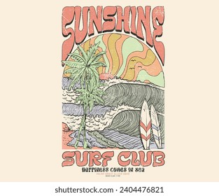 Sunshine with wave. Long beach summer time print design artwork. Beach Paradise Print t shirt graphics design, typography slogan on palm trees background. Summer beach vibes. California surfing club.