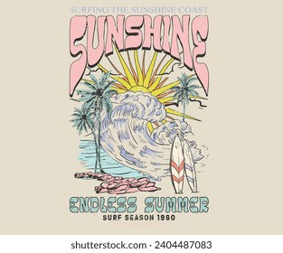 Sonnenschein mit Wellen. Lange Strandsommerzeit Print-Design-Kunstwerke. Beach Paradise Print t Shirt Grafik Design, Typografie Slogan auf Palmen Hintergrund. Der Sommer-Strand strahlt aus. Sommer gute Stimmung.