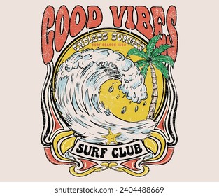 Sunshine with wave. Long beach summer time print design artwork. Beach Paradise Print t shirt graphics design, typography slogan on palm trees background. Summer beach vibes. Surf club.