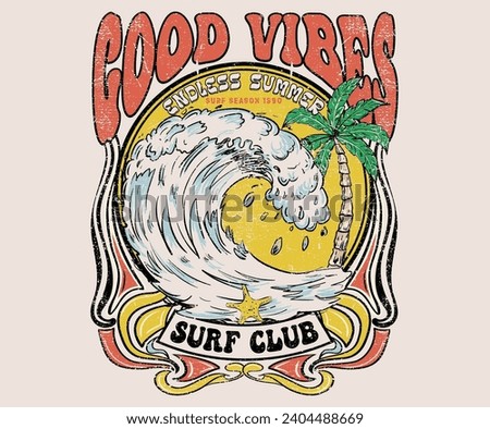 Sunshine with wave. Long beach summer time print design artwork. Beach Paradise Print t shirt graphics design, typography slogan on palm trees background. Summer beach vibes. Surf club.