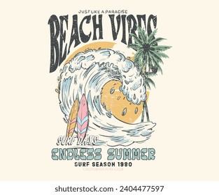 Sunshine with wave. Suring board print design artwork. Beach Paradise Print t shirt graphics design, typography slogan on palm trees background. Summer beach vibes. California surfing club.