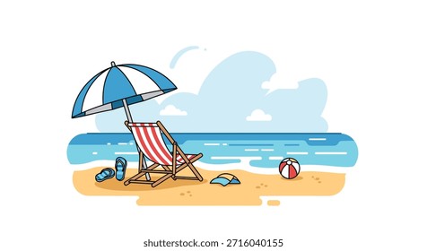 Sun-soaked beach vacation scene featuring a striped lounge chair under an umbrella with a colorful ball and flip flops on the warm sand shore.