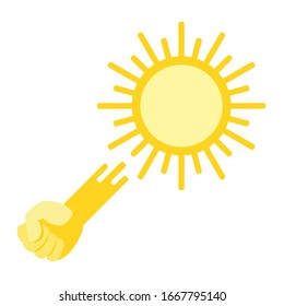 Concepto de insolación, insolación. Un puño caliente cae del sol en la cabeza de la gente. Peligro de recalentamiento en el sol. Ilustración vectorial, diseño plano, estilo caricatura. Aislado sobre fondo blanco.