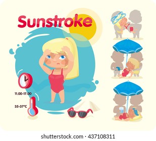 Sunstroke. Heat stroke vector infographic. Heat stroke symptoms. Infographic elements. Tanning in the sun