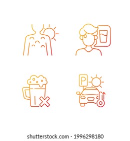 Sunstroke precaution gradient linear vector icons set. Sunburn on person skin. Avoid alcohol, staying in hot car. Thin line contour symbols bundle. Isolated vector outline illustrations collection