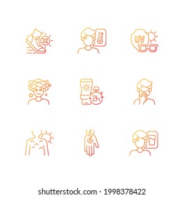 Sunstroke prevention gradient linear vector icons set. Heatstroke symptoms. Avoid UV rays. Risk of sunburn. Thin line contour symbols bundle. Isolated vector outline illustrations collection
