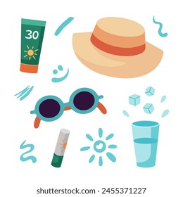 Protección contra insolación, protector solar. Crema de protección solar, lápiz labial, gafas de sol, sombrero de sol, agua. Ictus de crema de protección solar. Verano, concepto de vacaciones en la playa. Diseño plano, estilo de dibujos animados.