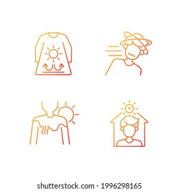 Sunstroke risk during summer gradient linear vector icons set. Long sleeves and loose clothing. Sunburn in summer. Thin line contour symbols bundle. Isolated vector outline illustrations collection