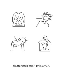 Sunstroke risk during summer linear icons set. Long sleeves and loose clothing. Sunburn in summer. Customizable thin line contour symbols. Isolated vector outline illustrations. Editable stroke
