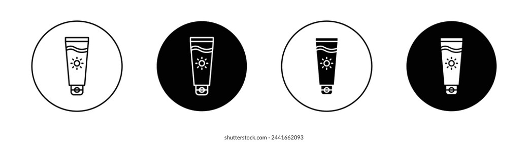 Suntan cream icon set. beach sun cream vector symbol. summer skin protection sunscreen sign. sunblock lotion tube.