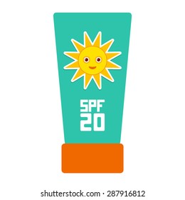 Suntan lotion Sun Cream Container.  Sunscreen SPF 20. The blue tube on white background. sun care cosmetics. Summer vacation beach. Vector