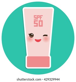 Suntan lotion Sun Cream Container.  Sunscreen SPF 50. Pink tube on blue background. sun care cosmetics. Summer vacation beach. Kawaii with pink cheeks and winking eyes, pastel colors. Vector