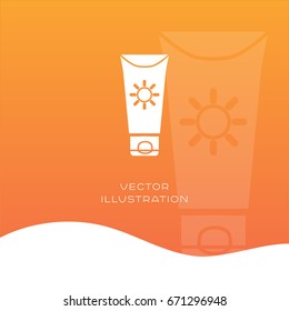 Suntan lotion (sunblock) bottle vector silhouette icon on gradient background. Summer flat illustration