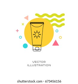 Suntan lotion (sunblock) bottle vector line logo icon with colorful design elements memphis styled in background