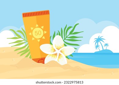 Suntan lotion and tropical plumeria flower with palm leaves on a sandy beach. Summer background. 