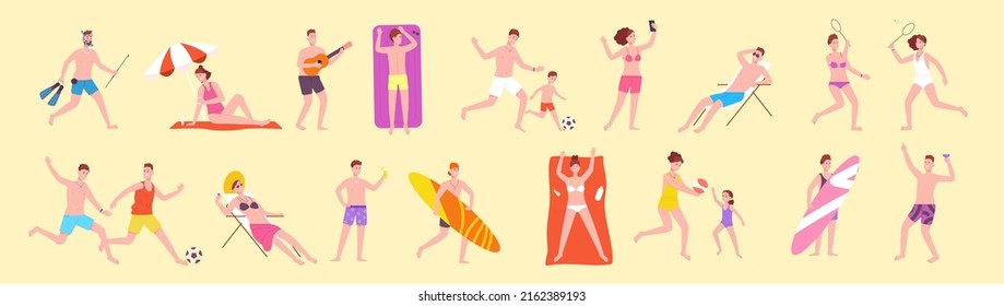 Suntan summer people. Person resort on beach activity, tourist in swimsuit sunbathing family child sun vacation various body poses dance lounge chill, splendid vector illustration