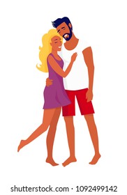 Suntanned couple stands and hugs. Bearded brunet man in white T-shirt and red shorts, and blonde woman in purple summer dress vector illustration.