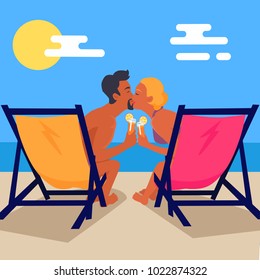 Suntanned couple in swimwear sits on recliners with tasty sweet cocktails and kisses vector illustration, background with lovers at seaside