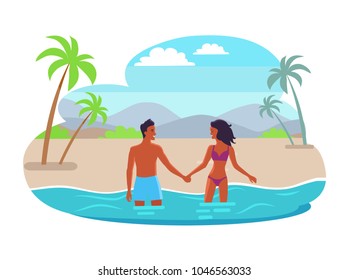 Suntanned couples hold hands and stand in sea with sandy beach and palms behind. Couple in love relax at exotic beach cartoon vector illustration.