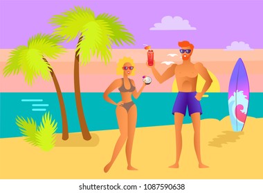 Suntanned girl and guy with cocktails on beach. Man and woman in swimwear near sea with cocktails. Girl and guy drink vector illustration
