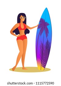 Suntanned girl in red swimsuit with surfboard. Woman wears stylish sunglasses and bright swimwear, wooden board to surf isolated vector illustration.