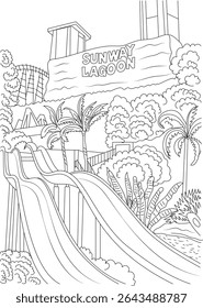 Sunway Lagoon Theme Park Water Slide Line Drawing, Line drawing illustration of a water slide attraction at Sunway Lagoon Theme Park in Malaysia, featuring tropical plants and elements of the