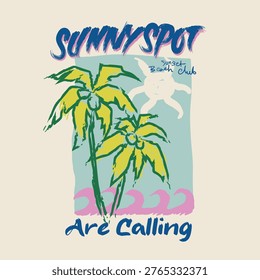 Suny Spot Brush font Typography with hand drawn brush paint palm tree. sunset beach Club. Graphic tee Design. Girls tops t-shirts design