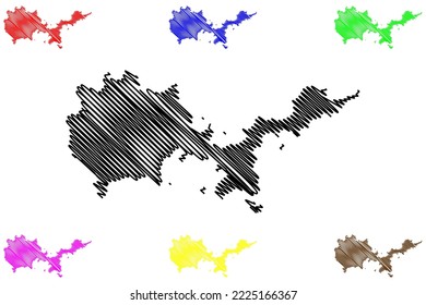 Ilustración vectorial del mapa de la isla de Suo-Oshima (Japón, Asia oriental, archipiélago japonés), esbozo del mapa de dibujos animados Suo Oshima o mapa de Suoshima