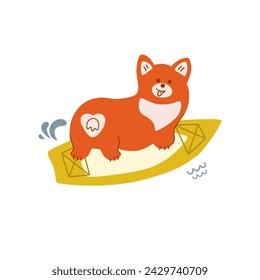 Sup board dog isolated element. Vector paddle board with cute corgi dog illustration. Character doing sport, summer activity design, funny poster. Hand drawn pet greeting card.