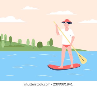 Sup board driving. Summer sea lake or river activity. Man with paddle training on water board. Sport and wild recreation, recent vector nature scene