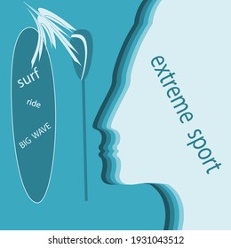 SUP Board, faces in profile, big wave - vector. Summer rest. Travel banner.