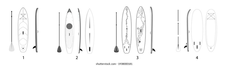 Sup board isolated illustration. Outline paddle boards of four shapes demonstrating their diversity. Set of fifteen objects