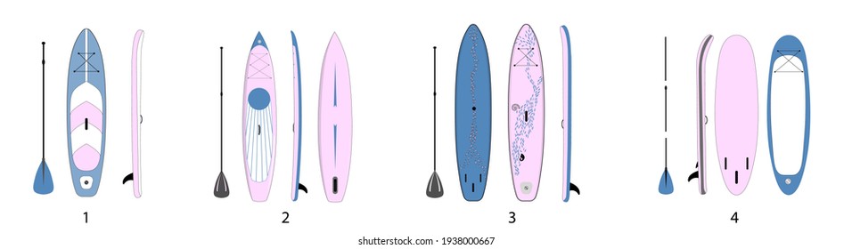 Sup board isolated illustration. Pink and deep blue paddle boards of four shapes demonstrating their diversity. Set of fifteen objects