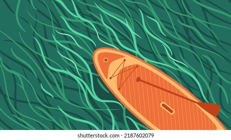 Sup board on green seaweed background. Lake or river abstract foliage. Vector illustration with water sport equipment. Paddleboard, summer activity, recreation weekend.