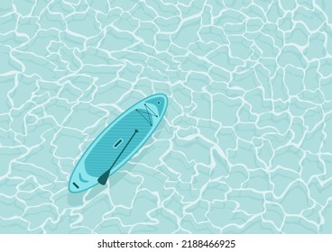 Sup board on water surface. Surfboard with paddle in the ocean or the blue sea. Vector illustration with water sport equipment. Aqua texture background in turquoise color.