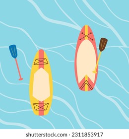 Sup board on water surface background. Paddle boarding sport banner template. Surfboards in the sea, ocean or river. Summer activity vector illustration. Extreme tourism, recreation poster.