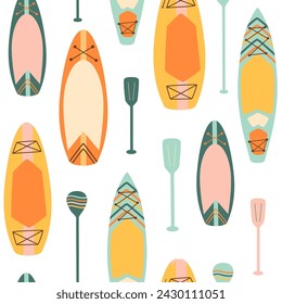 Sup board or paddle board seamless pattern. Summer water sport wallpaper illustration. Water activity vector repeat background, print, wrapping, hand drawn textile design. Colorful cute illustration.